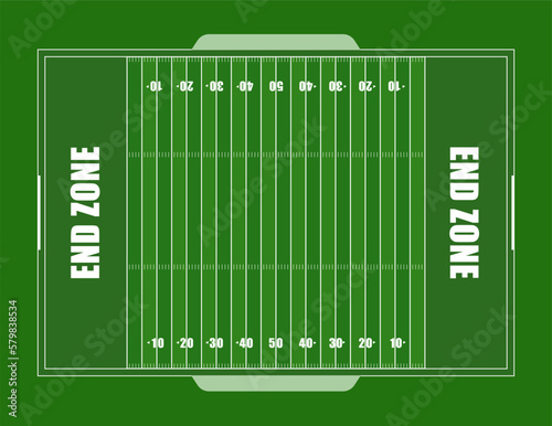 A realistic aerial view of an official American football field layout dimensions. Vector photo