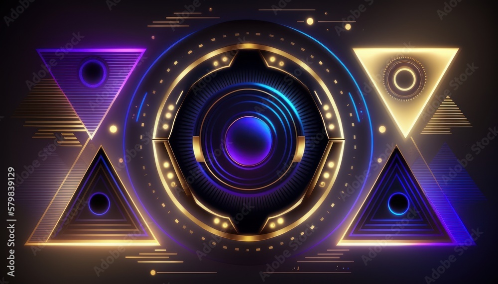 A glowing neon background with triangles, circles and semi circles with bright colors. Generative AI. A glowing neon background with triangles, circles and semi circles with bright colors. Generative AI.