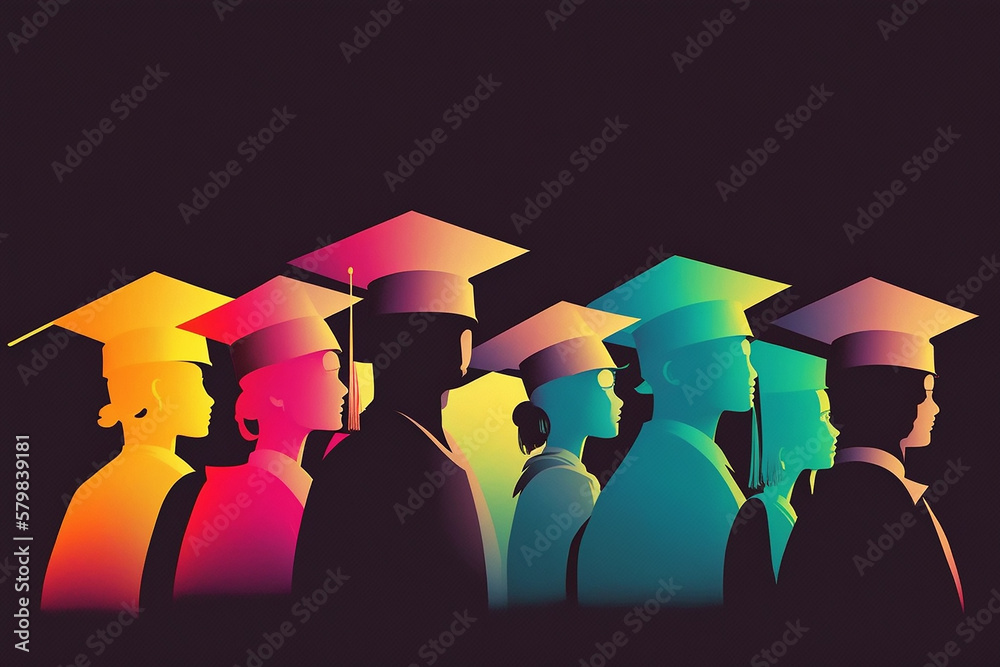 Happy Graduates In Graduation Caps. Cheerful People, Colored Silhouette ...