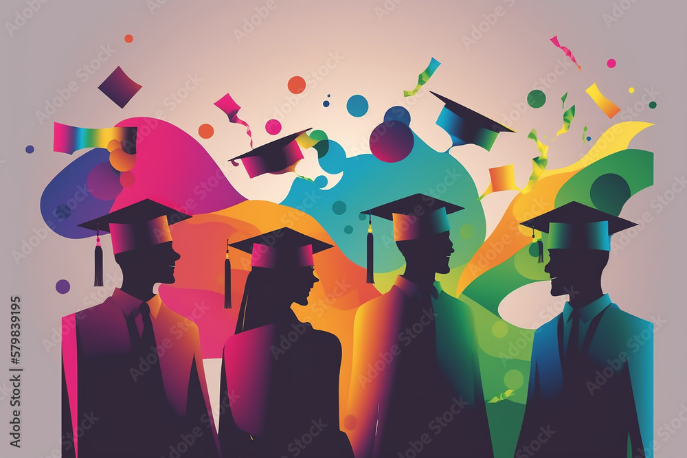 Graduates in graduation caps. Color silhouette. high school graduation