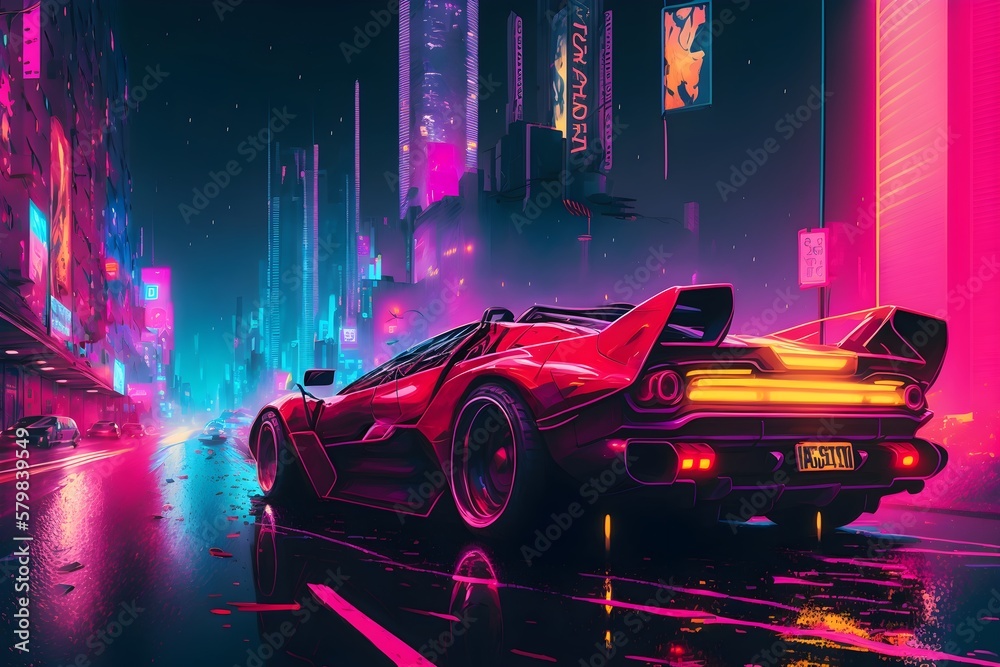 Race Car racing through a cyberpunk city, Cool Car Ai Generated synthwave  wallpaper/background, Stock Illustration