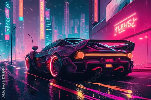 Epic Race Car racing through a cyberpunk city | Race Car Ai Generated synthwave wallpaper/background |