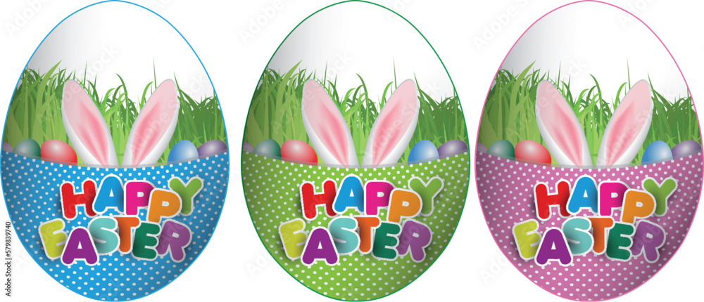 happy easter cute bunnies, happy easter greeting card, writing name, mongram happy easter