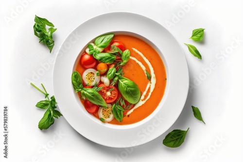 Cold gazpacho soup with ripe tomatoes, cucumber and basil. Isolated on white background. Top view flat lay. AI Generation