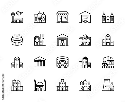 Building and construction vector line icons. Isolated icon collection on white background. Buildings symbol vector set.