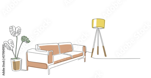 Continuous line drawing of sofa, lamp and plant with abstract color shapes. One line interior Living room with modern furniture. Single line element Hand draw contour of indoor Doodle illustration