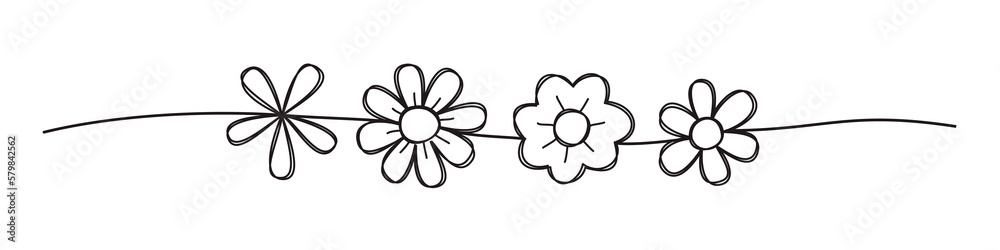 Floral spring banner, scribble style hand drawn with thin line, divider  shape. Png isolated on transparent background Stock Illustration