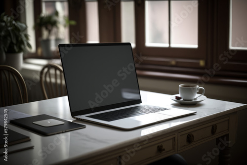 Notebook laptop with blank screen, Mockup on Modern workspace, homeoffice, mobile office, generative AI