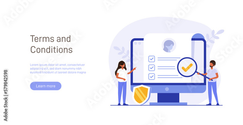 Contract illustration . Character gets acquainted with the legal document, electronic contract or agreement online. Person reads and signs the terms of the contract. Flat vector illustration.