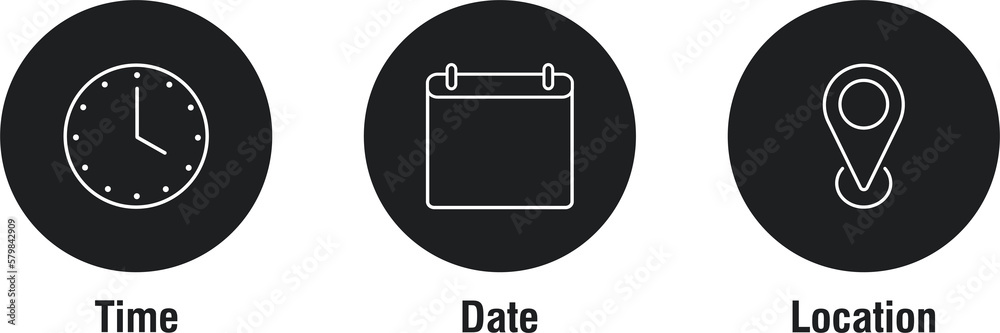 Date, time, location icon in flat style. Event message vector illustration on isolated background. Information sign business concept. Illustration Date, time, location icon in flat style. Event message vector illustration on isolated background. Information sign business concept. Illustration