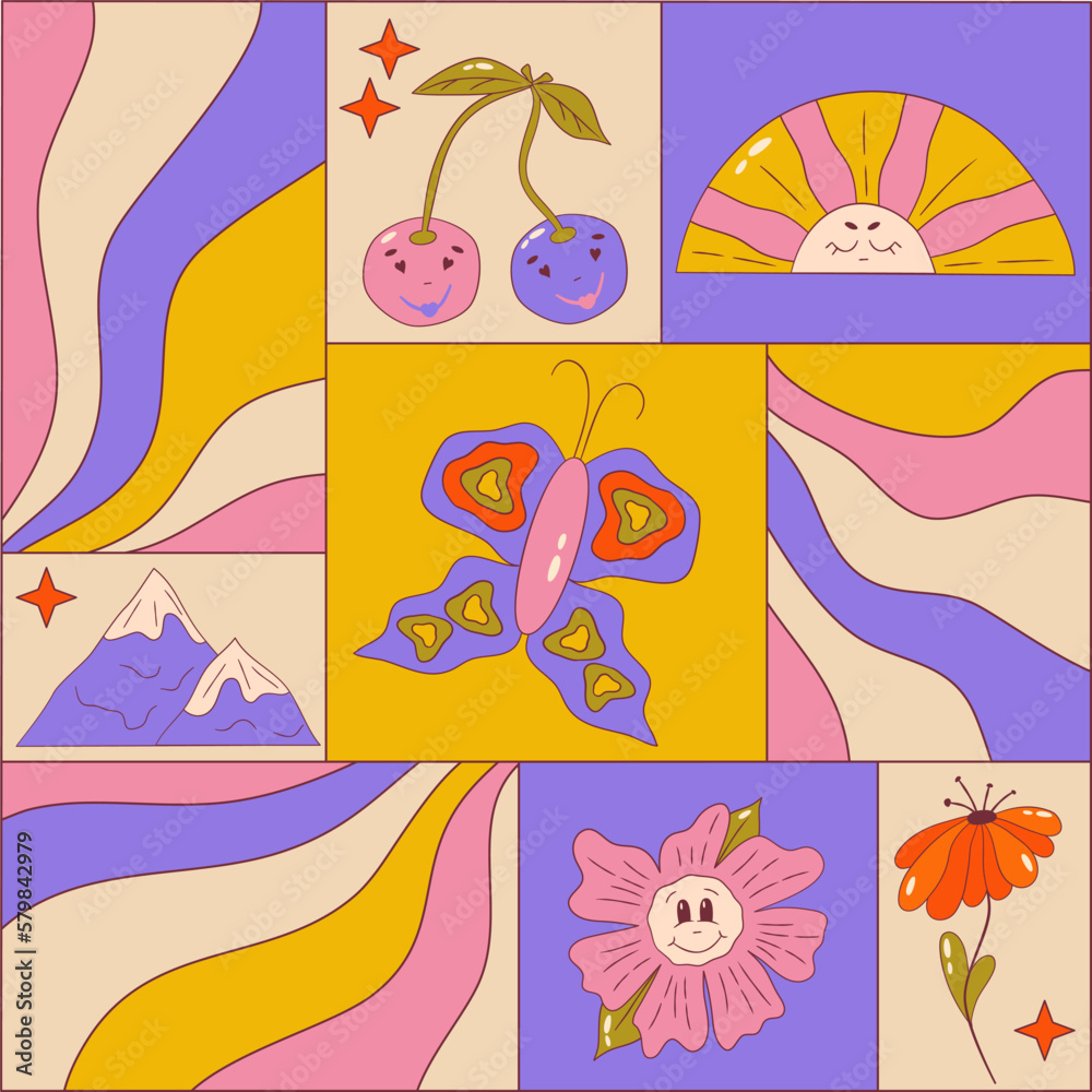 Trippy graphic poster with retro groovy elements. Poster square with butterfly, sun, cherry and wave. Trippy groovy 70s graphic. Cartoon vector illutration