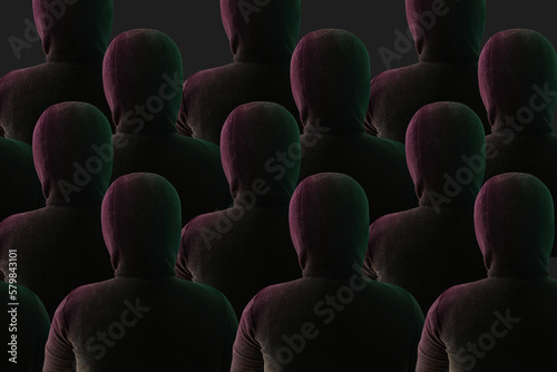 crowd of people, youth gang, youth movement, back of head and back man in black hood, informal youth group, massive evil, psychology of human behavior in crowd, look at back of head, highlighting