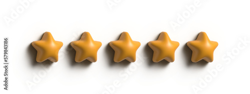 3d render of a leader. 5 gold stars quality rating icon. Five yellow star product quality rating. Golden star vector icons. 