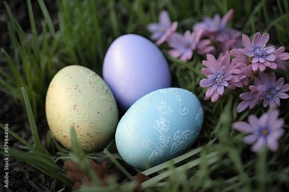 Candy Colors Easter Eggs Laying on a Lawn Grass Floral - Generative AI