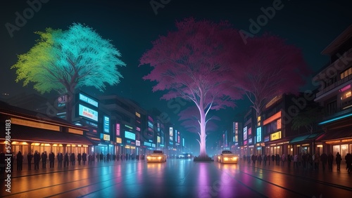 The park area of the city of the future. Luminous trees. A place to walk. Illustration.