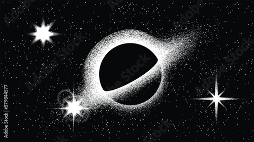 Black hole with disc of plasma eating dying star in space. Supermassive singularity in core off a galaxy, with noise texture . Event horizon .Vector illustration