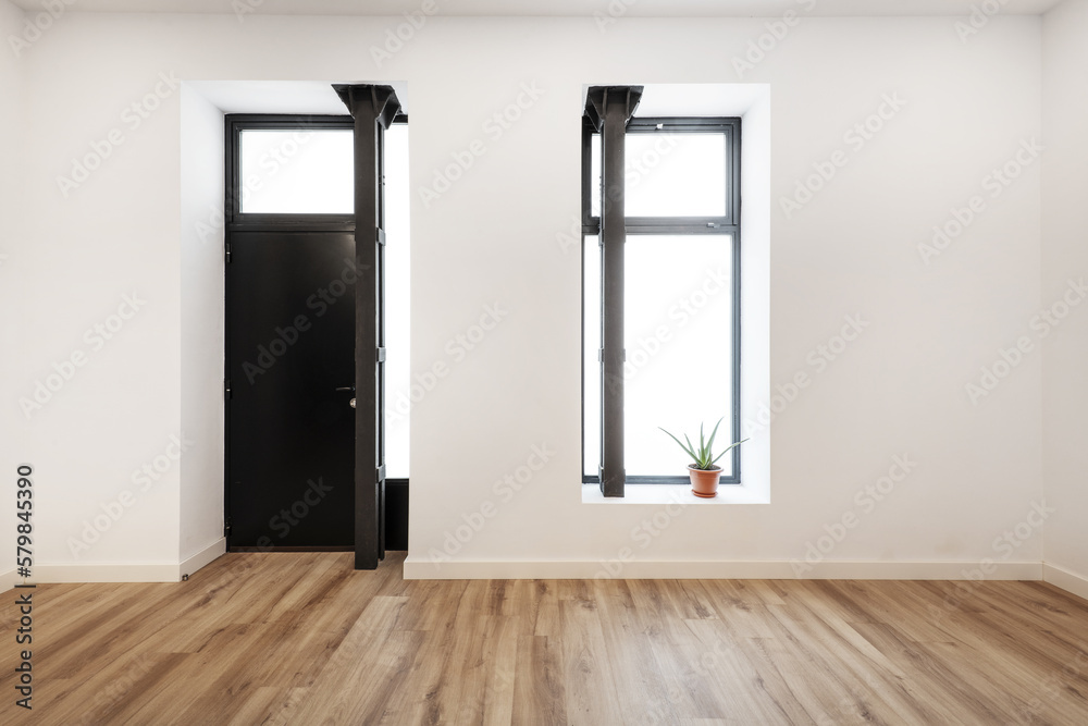 Interior of an empty loft device with separate door and window, metal pillars and wooden platforms and a small aloe