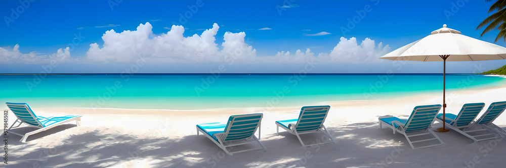 a group of lawn chairs sitting on top of a sandy beach, calm sea and beach background, beach background, relaxed. blue background, generative ai a group of lawn chairs sitting on top of a sandy beach, calm sea and beach background, beach background, relaxed. blue background, generative ai