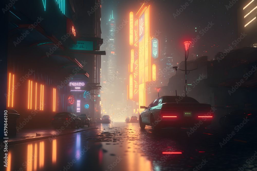 Futuristic, cyberpunk style street scene. Neon lights, and futuristic car parked on the street. Reflections. Photo realistic. 