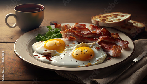 delicious fried eggs with bacon on a plate, generative ai