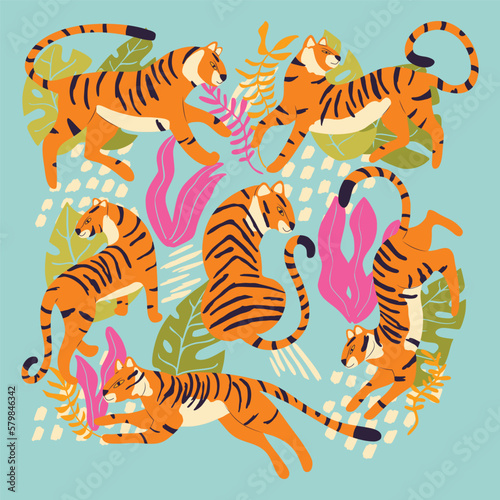 Collection of cute hand drawn tigers on bright blue background, standing, sitting, running and walking with exotic plants and abstract elements. Colorful vector illustration