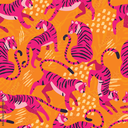 Seamless pattern with hand drawn exotic big cat tiger, in bright pink, with tropical plants and abstract elements on vibrant orange background. Colorful flat vector illustration