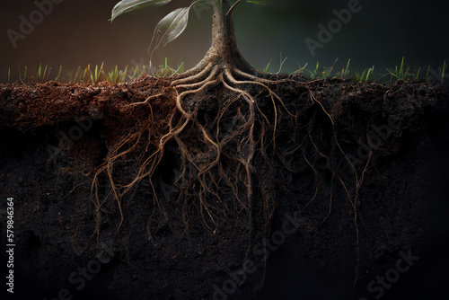 roots of a plant growing in rich soil below the surface, subsurface root structure, crosssection, generative AI photo