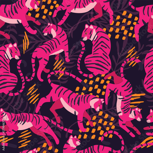 Seamless pattern with hand drawn exotic big cat tiger  in bright pink  with tropical plants and abstract elements on purple background. Colorful flat vector illustration