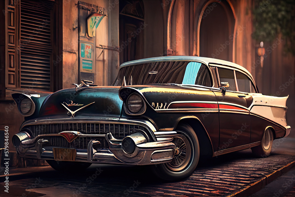 Old classic car on the road created with AI Old classic car on the road created with AI