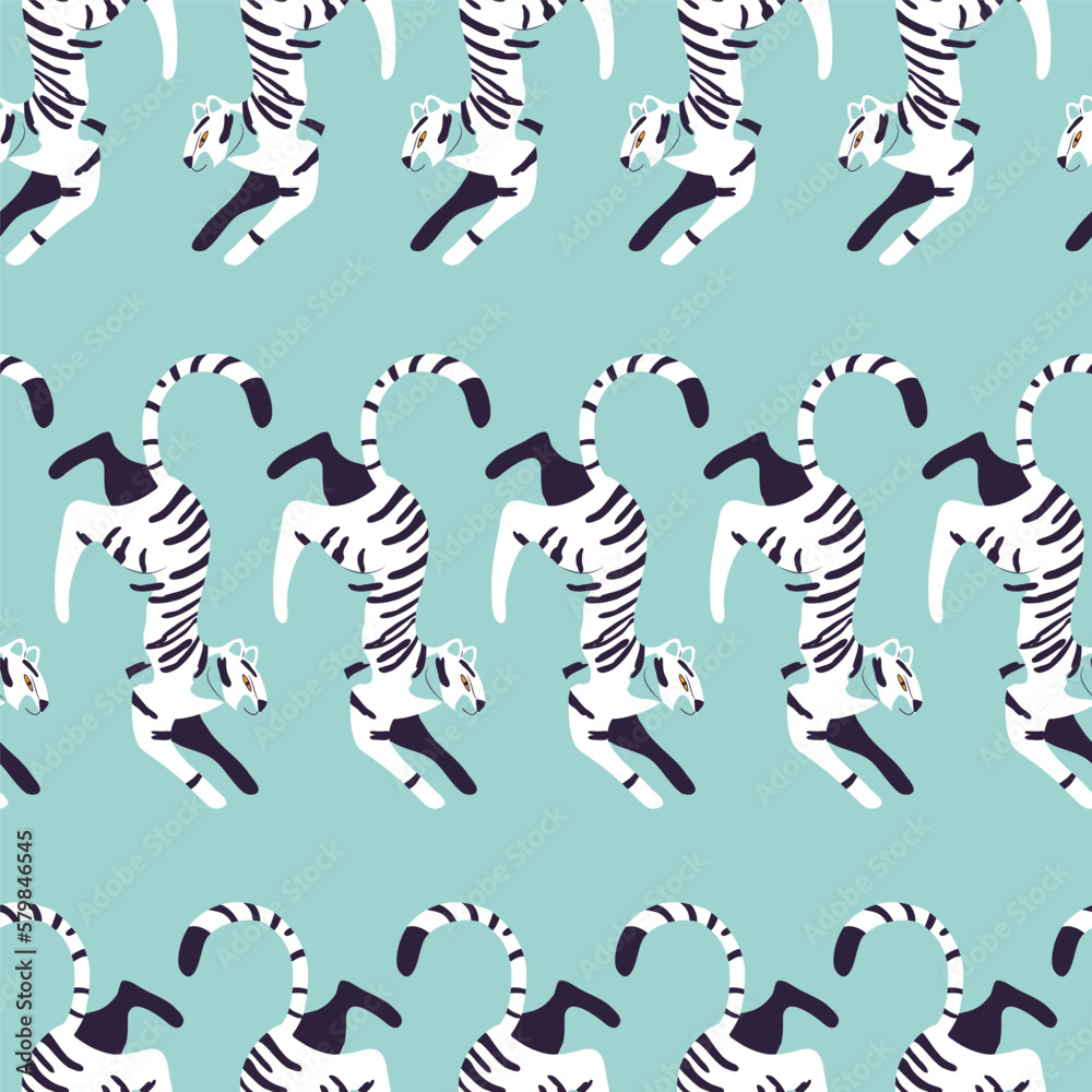 Seamless pattern with hand drawn exotic big cat white tiger, on light blue background. Colorful flat vector illustration Seamless pattern with hand drawn exotic big cat white tiger, on light blue background. Colorful flat vector illustration