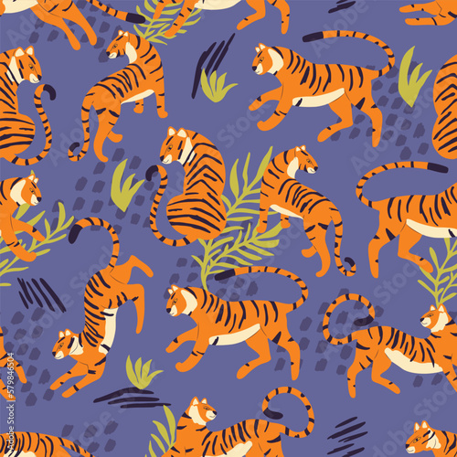 Seamless pattern with hand drawn exotic big cat tiger  with tropical plants and abstract elements on purple background. Colorful flat vector illustration