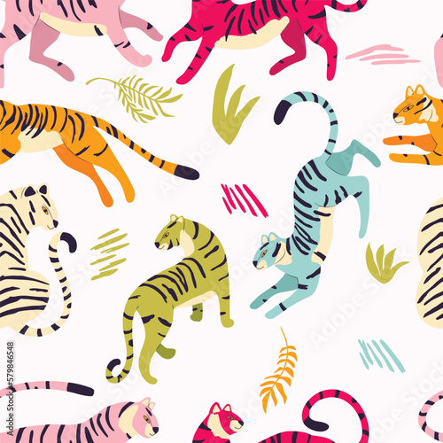 Seamless pattern with hand drawn exotic big cat tigers  in different vibrant colors  with tropical plants and abstract elements on light cream background. Colorful flat vector illustration