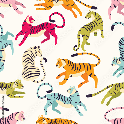 Seamless pattern with hand drawn exotic big cat tigers  in different vibrant colors  with tropical plants and abstract elements on light cream background. Colorful flat vector illustration