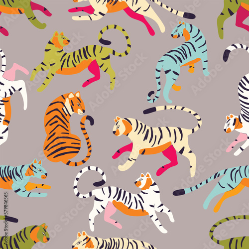 Seamless pattern with hand drawn exotic big cat tiger, in different colors, on light gray background. Colorful flat vector illustration