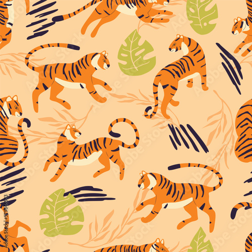 Seamless pattern with hand drawn exotic big cat tiger, with tropical plants and abstract elements on light brown background. Colorful flat vector illustration
