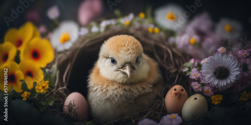 a cute chick in an easter nest with easter eggs and spring flowers, generative ai