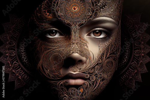 Gesicht einer Frau mit einer floralen Maske und Ornamenten aus Holz und Metall. KI generierter Inhalt. photo