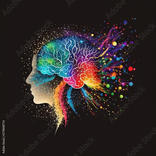 A digital illustration of the human brain with rainbows, glitter and sparkles, representing Autism, creativity, and neuro diversity. Generative AI. photo