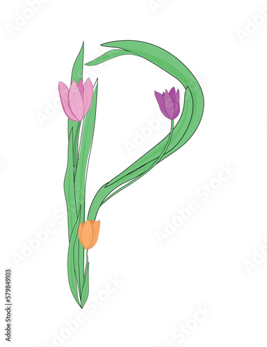 Letter P of English alphabet from tulip flowers, floral font for spring Mother's Day design