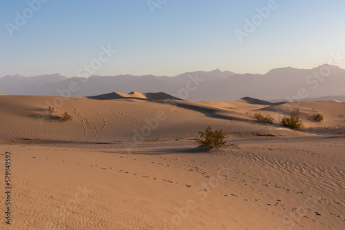 Scenic view on natural ripple sand pattern during sunrise at Mesquite Flat Sand Dunes, Death Valley National Park, California, USA. Morning walk in Mojave desert with Amargosa Mountain Range in back