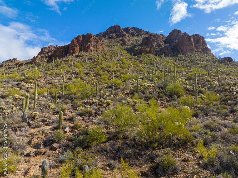 Golden Gate Mountain peak in Tucson Mountains aerial view with Sonoran Desert landscape from Gates Pass near Saguaro National Park in city of Tucson, Arizona AZ, USA. 