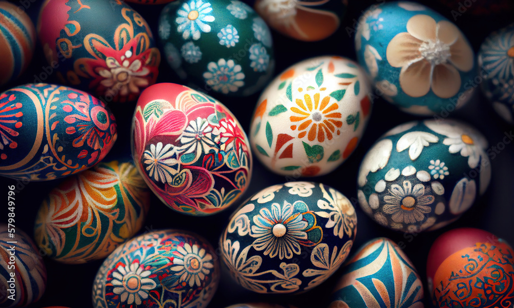Easter eggs decorated with folk flowers patterns, happy easter concept. Generative AI Easter eggs decorated with folk flowers patterns, happy easter concept. Generative AI