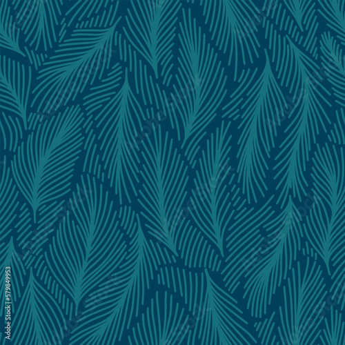Winter linear botanical pattern. Line illustration with Christmas tree branches and leaves on dark blue background. Pine needles texture