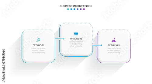 Timeline infographic with infochart. Modern presentation template with 3 spets for business process. Website template on white background for concept modern design. Horizontal layout.
