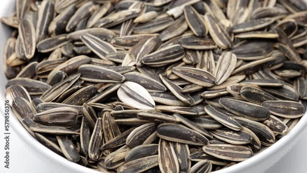 Sunflower Seeds. Dolly Slider Shot. Top View. Close Up. 4k, 60 FPS, ProRes