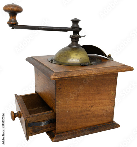 Vintage wooden coffee grinder on transparent background