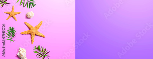 Summer concept with starfish and seashells overhead view - flat lay
