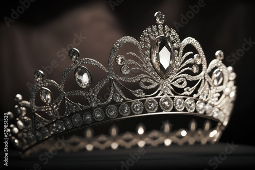 Diamond silver tiara details. Golden crown with jewels. Sparkling jewelry princess queen.