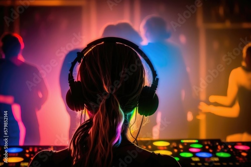 DJ entertainment at a party nightclub. Many people are dancing in the neon lights. Generative AI