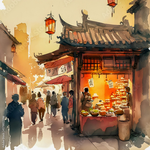 Watercolor painting of a traditional Chinese shop in a bustling quarter, Generative AI photo